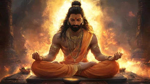 Fiery yogi meditates in divine glow of spiritual power.