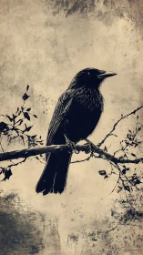 Perched Raven: Ink Study on Textured Vintage Ground