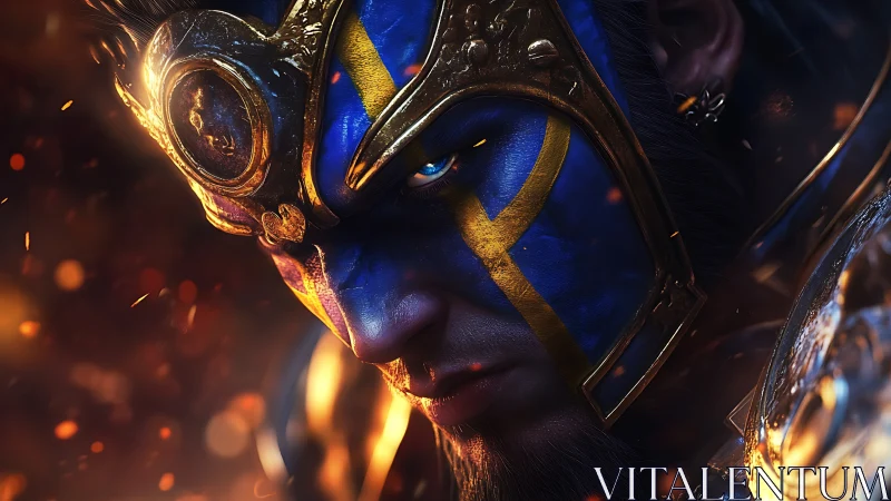 Battle-hardened warrior glares through blue and gold war mask