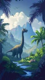 Long-necked dinosaur stands in lush prehistoric valley