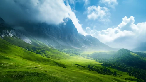 Sunlit valley unfolds beneath towering misty mountain cliffs