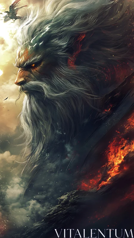 Storm god profile dominates burning volcanic horizon.