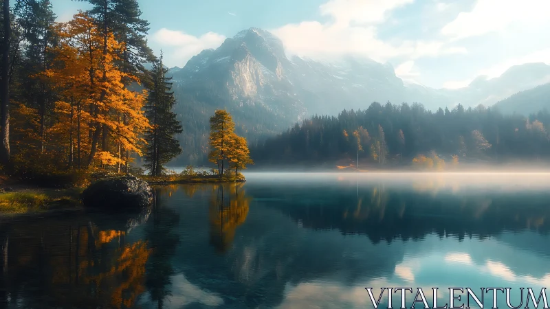 Autumn alpine lake with mist-laden reflections and soft diffusion
