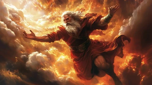 Storm-wreathed sky elder striding through molten clouds.