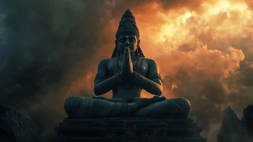 Meditating deity statue before dramatic glowing sky.