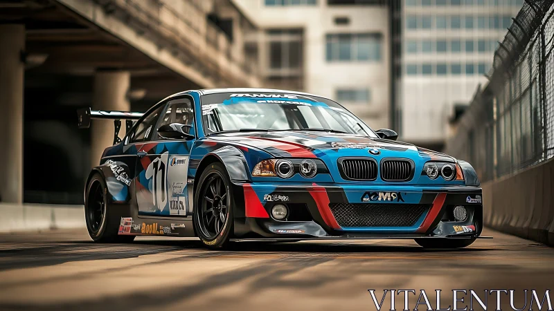 BMW race car is positioned on an urban circuit pit lane