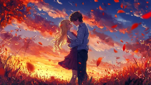 Sunset embrace under swirling autumn sky of gentle warmth.