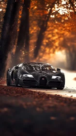 Sleek black supercar gliding through a golden autumn road.