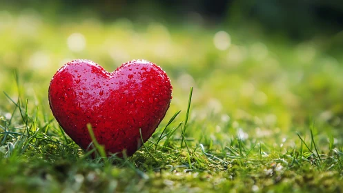Red glitter heart on moss-covered ground with green bokeh.