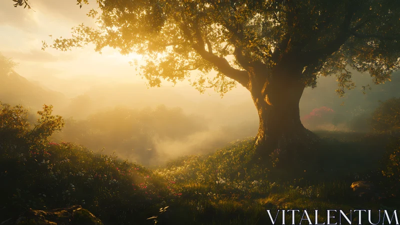 Solitary Giant Breathes Golden Hour Magic Through Misty Forest