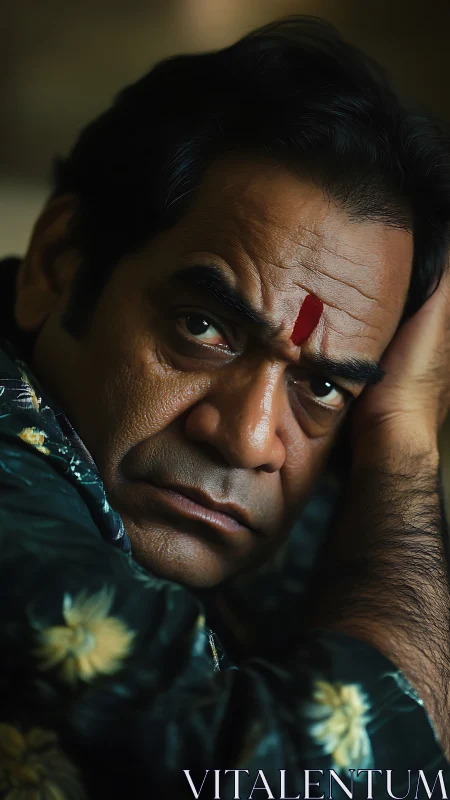 Intense portrait of man with tilak in moody side light.