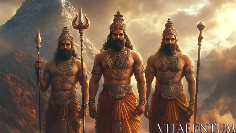 Mythic warrior trinity before stormlit mountain peak.