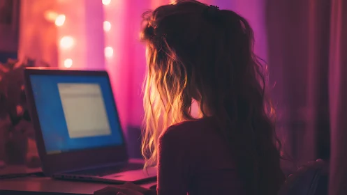 Teen girl using laptop under warm pink bedroom lights.