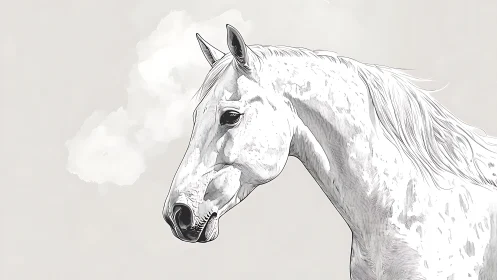 Graceful white horse sketch set against soft cloudy sky.