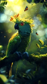 Vibrant crest parrot amid glowing forest bokeh light.