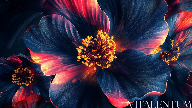 Luminescent Cosmos Blooms: Dark Petals Ignited in Golden Radiance.