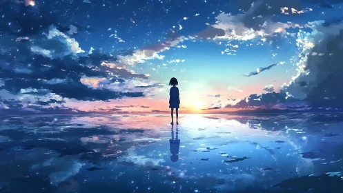 Silhouetted figure stands on reflective water at sunrise