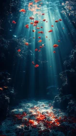 Sunlit underwater cavern with scattered red fish and petals.