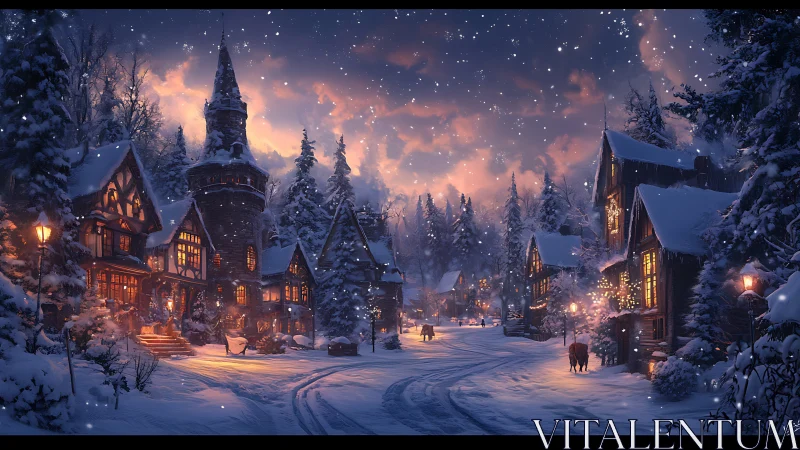 Snowy winter village glows under warm twilight sky.