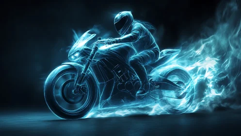 Neon ghost rider on blazing futuristic sport motorcycle.