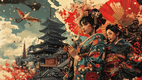 Crimson parasols cradle Kyoto dreams in blooming twilight