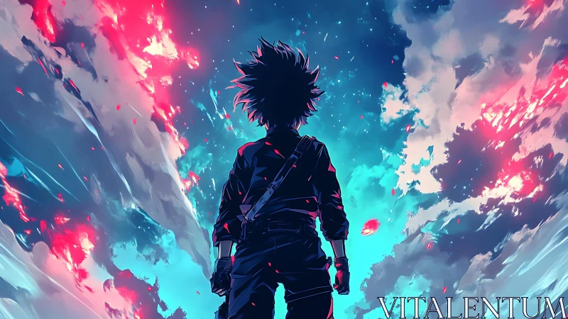 Lone anime hero studies neon storm sky in silhouette