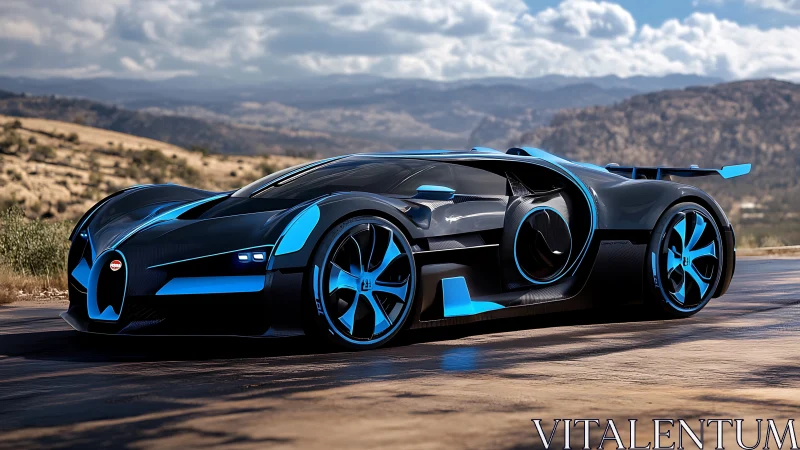Electric blue hypercar relaxing on a sunlit open road.