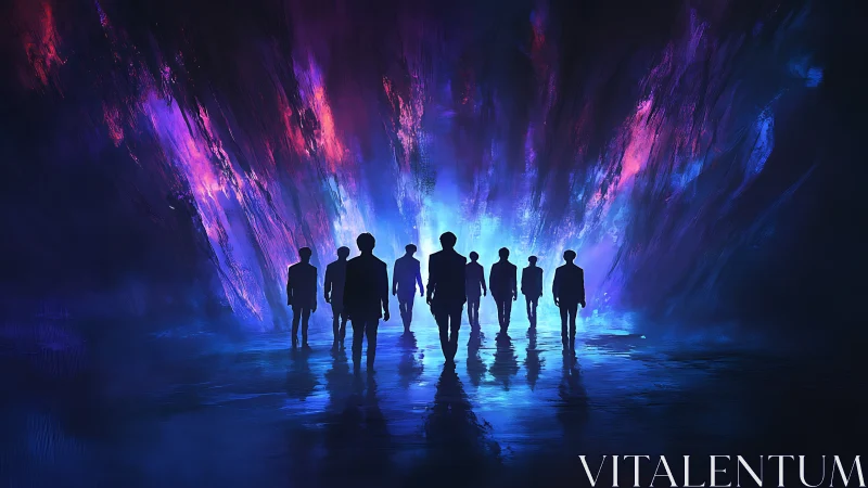 Silhouetted figures walking toward glowing neon portal.