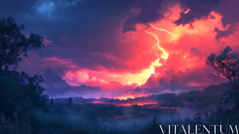 Stormlit valley sky burns with vivid electric sunset glow.