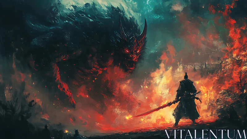 Armored warrior confronts colossal fire demon in inferno.