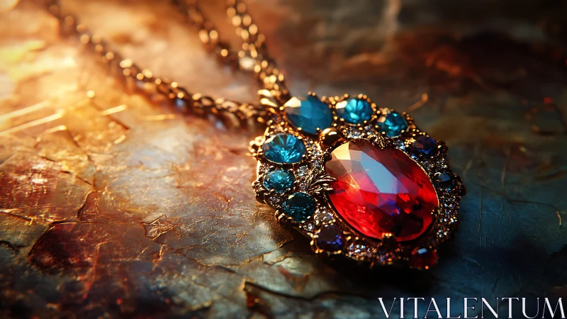 Ornate red and blue gemstone pendant on textured surface.