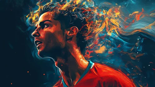 Dynamic portrait of male athlete with fiery abstract energy