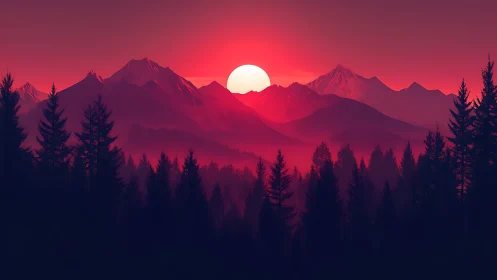 Crimson sun setting behind layered coniferous mountain ridge.