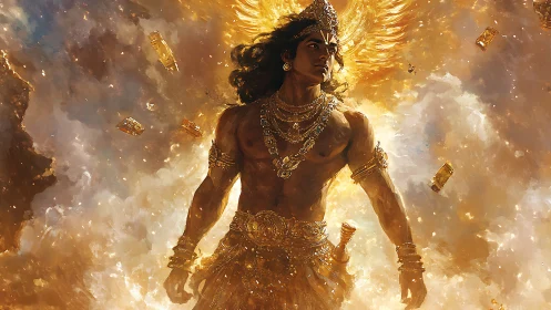 Radiant skyborn warrior bathed in molten golden light.