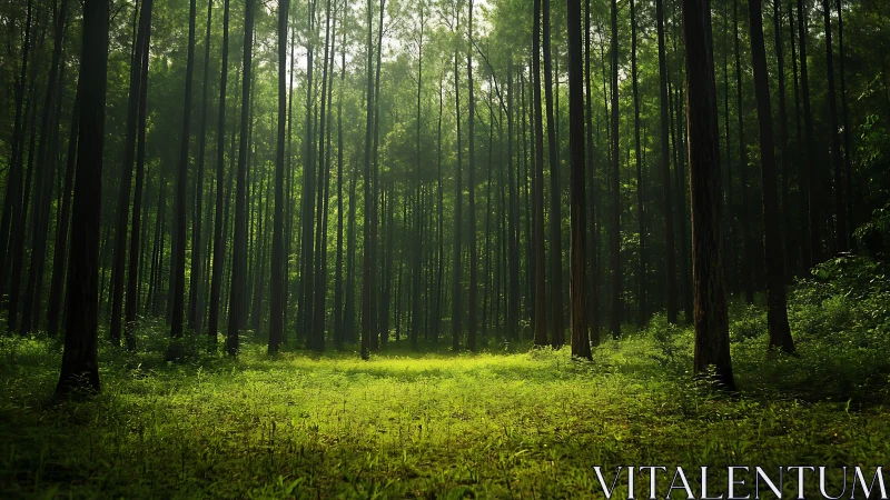 Sunlit dense forest with tall trees and lush green clearing, natural style.