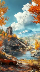 Abandoned riverside industrial site in autumn landscape.