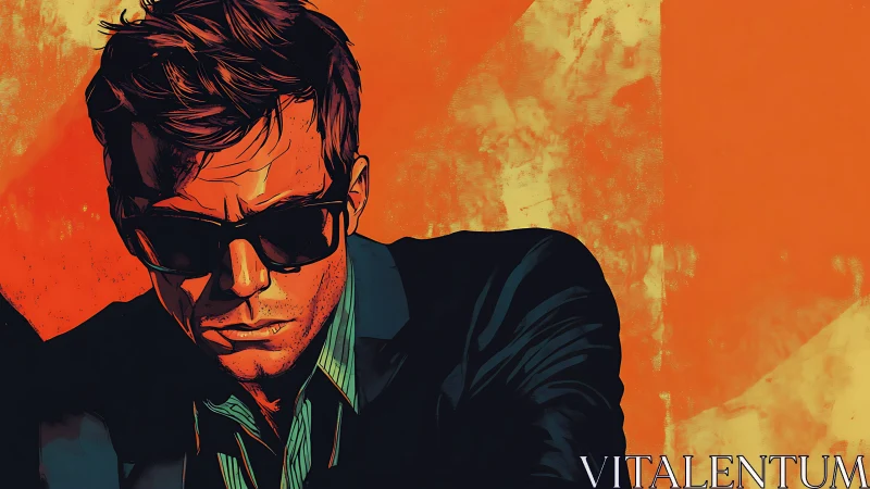 Brooding man in sunglasses stands against bold orange glow