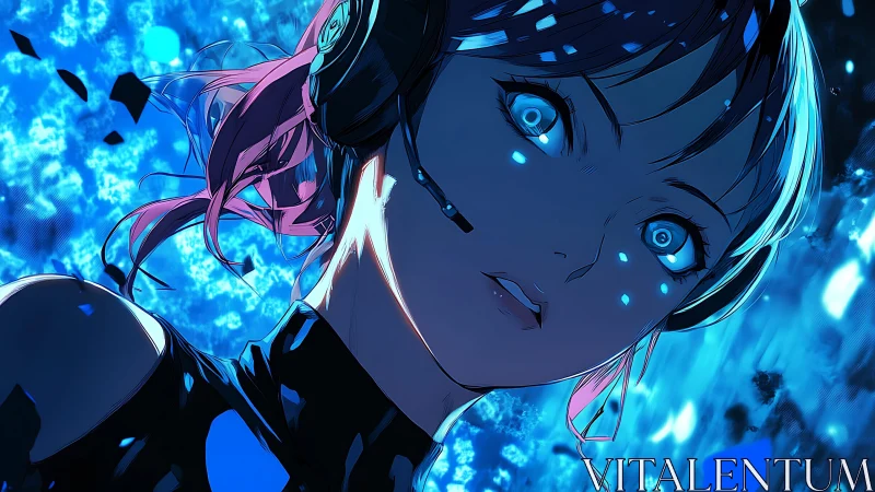 Neon-illuminated cybernetic operator in blue data cascade.