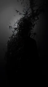 Shrouded silhouette dissolves into swirling black tendrils.