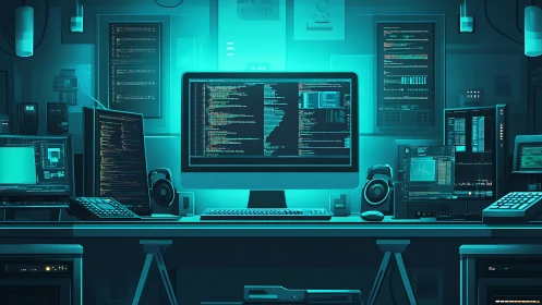 Glowing coding workspace alive with screens and calm focus.