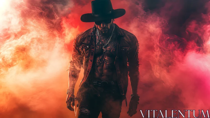 Cowboy figure stands in dense colored atmospheric smoke