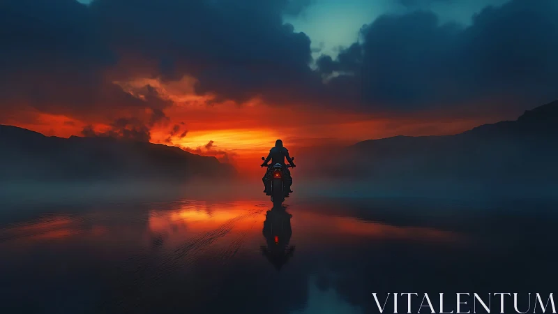 Motorcyclist silhouette on misty reflective sunset plain.
