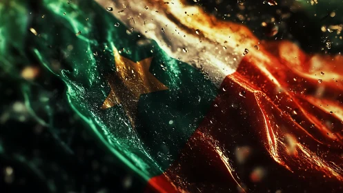 Flag surface ripples under water droplets and harsh lighting