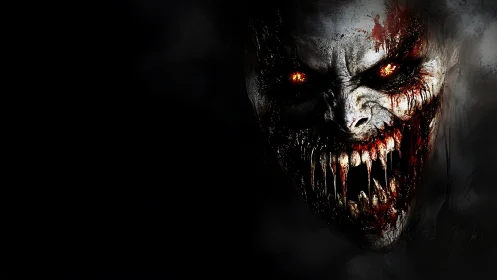 Demonic skull-like predator portrait with bloodied fanged maw