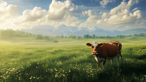 Photorealistic bovine portrait in sunlit alpine meadowscape.