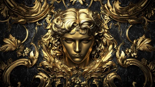 Baroque gilded visage in ornate symmetrical relief composition.