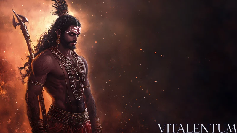 Fiery warrior sage stands calm in swirling embers of dusk