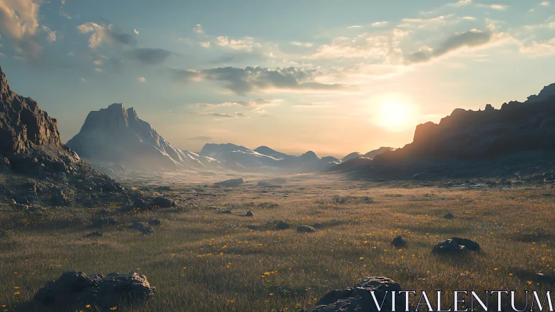 Sunlit rocky valley stretches between distant mountain ridges