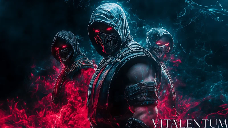 Hooded masked warriors with red eyes in glowing smoke field.