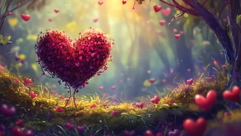 Heart-shaped tree composed of countless red petals suspended in luminous forest.